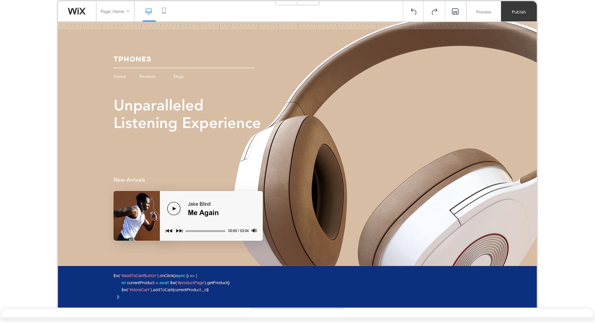 A computer displaying the Wix editor and the creation of an eCommerce website that sells headphones. The website presents a pair of camel colored sound canceling headphones  for sale in the online store. 